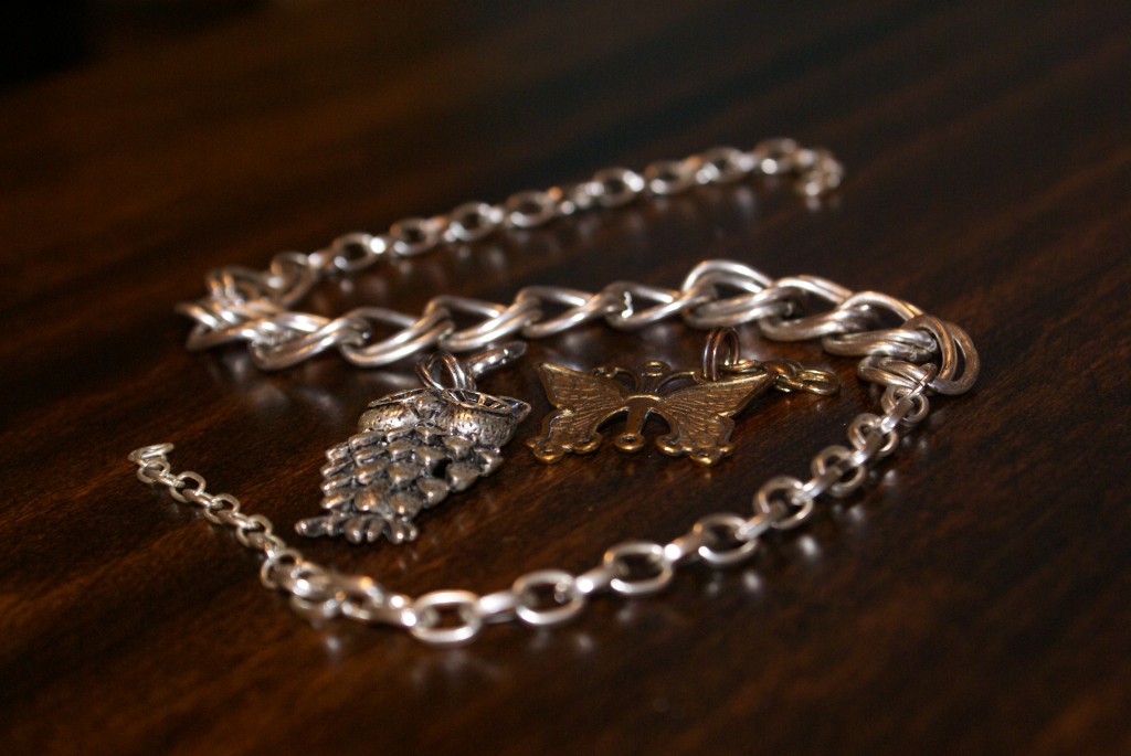 charm jewelry Silver tone necklace with silver tone owl and gold tone butterfly.