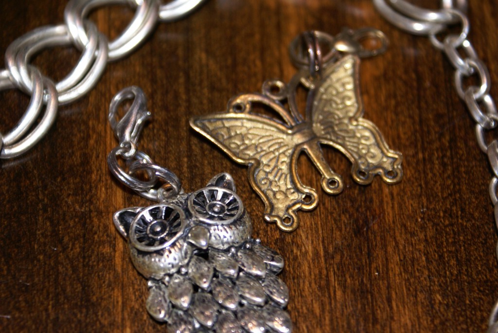 Jewelry charms Close up of the owl and butterfly with small lobster clasps.