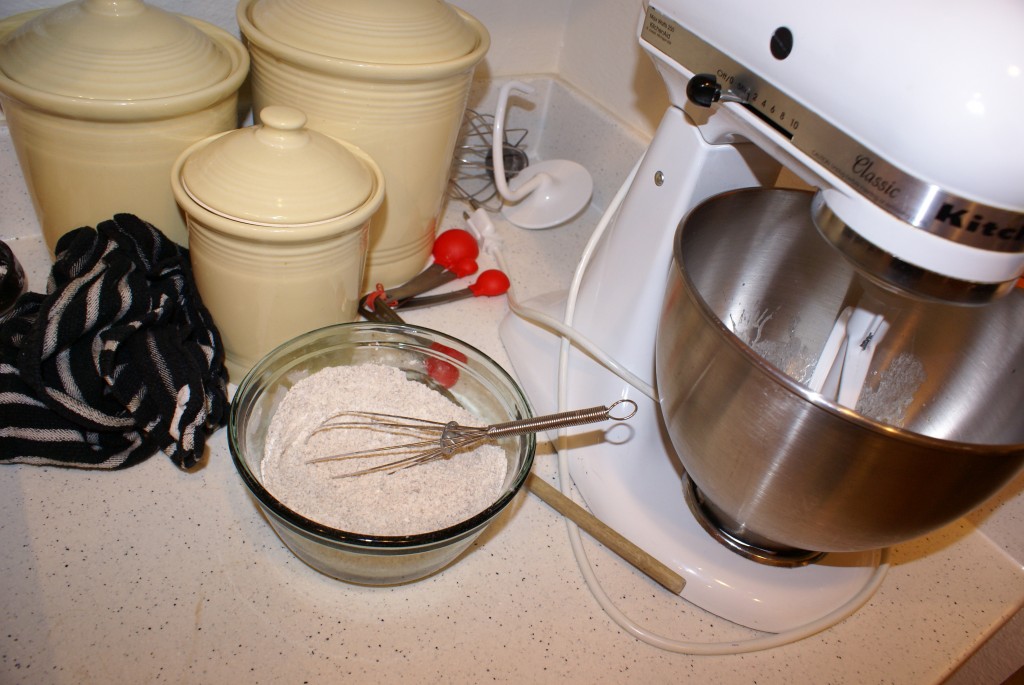Mixing oatmeal cookies Whisk together dry flour, salt and baking soda. Cream butter, sugar, vanilla and egg.