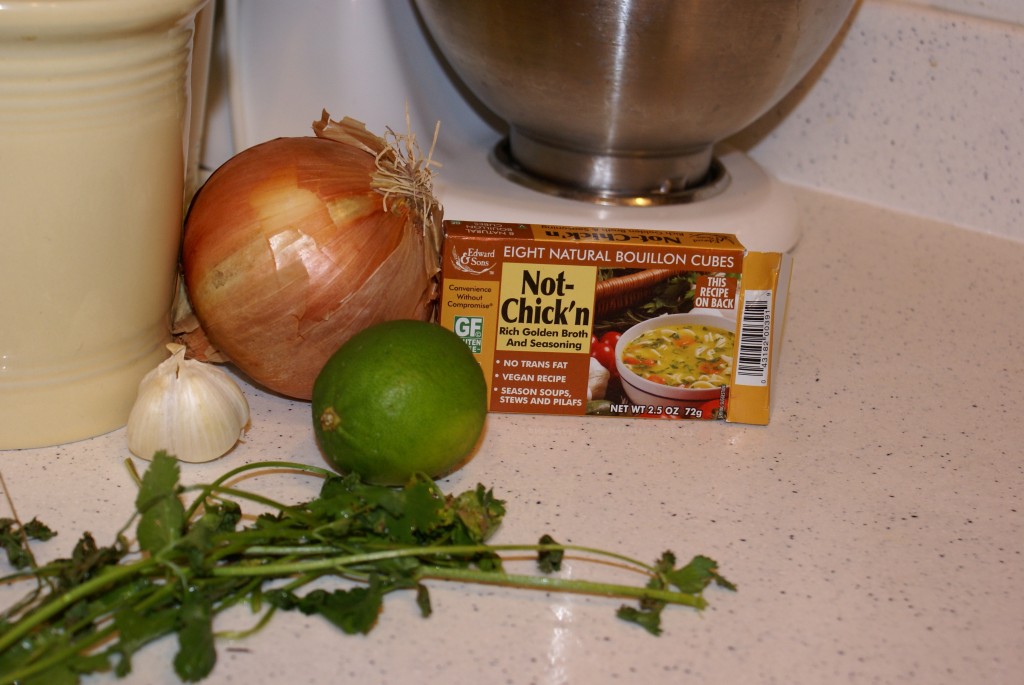 Onion, garlic, fake chicken bouillon, lime, cilantro Onion, garlic, fake chicken bouillon, lime, cilantro - sinus cold kickers!