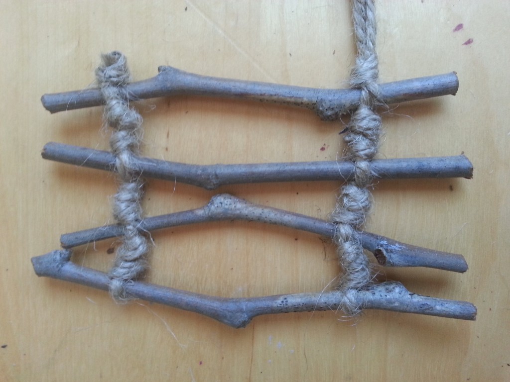 Continue for the remaining sticks, tie off with one simple knot and repeat at opposite end of sticks. Continue for the remaining sticks, tie off with one simple knot and repeat at opposite end of sticks.