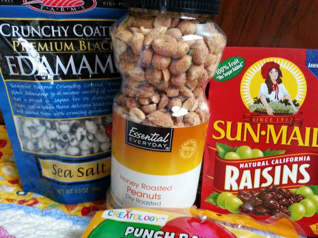 Crunchy coated black edamame, honey roasted peanuts and raisins to fill plastic eggs. Crunchy coated black edamame, honey roasted peanuts and raisins to fill plastic eggs.