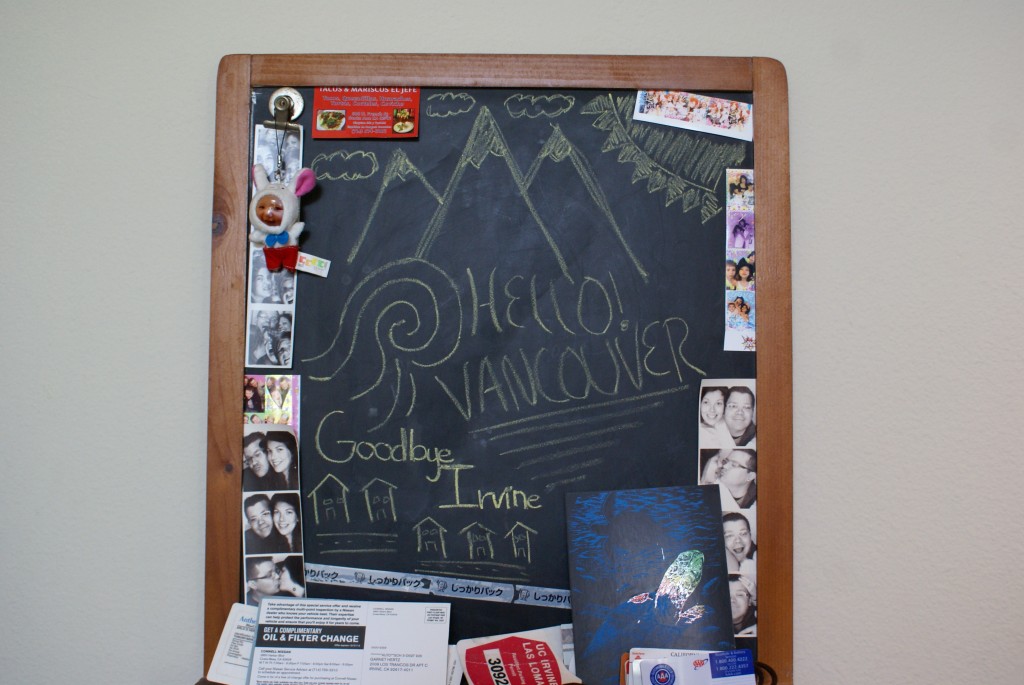 moving-vancouver-chalkboard Our entryway chalkboard - Hello Vancouver. Goodbye Irvine.