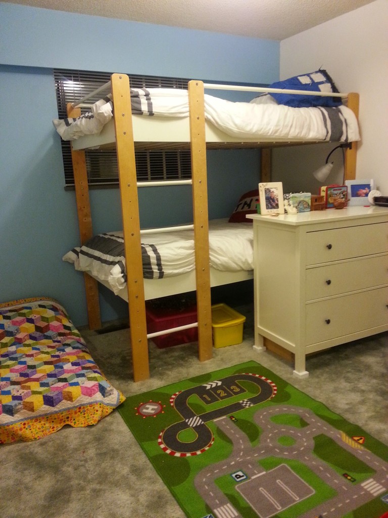 The boys room! Complete with track carpet!